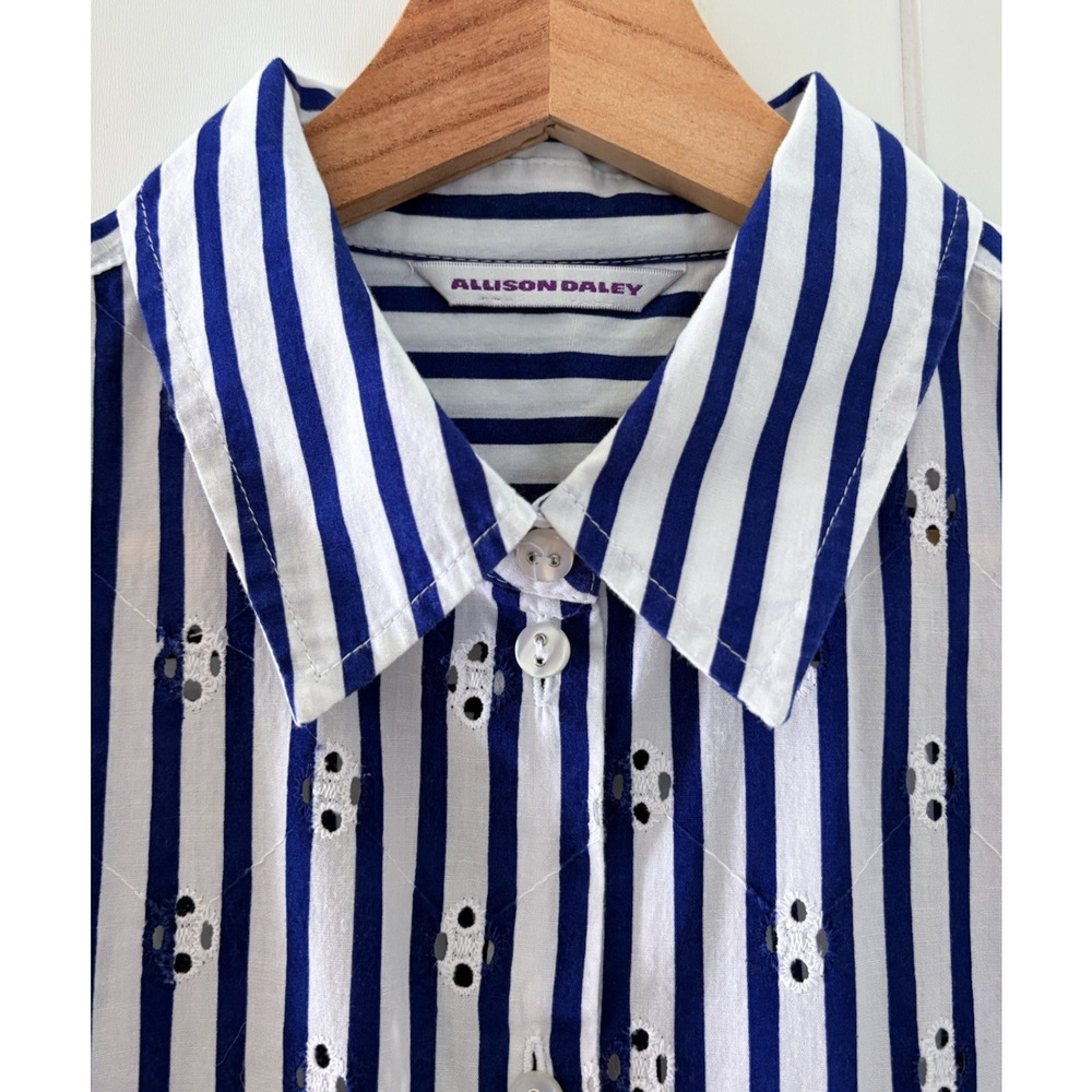 Allison Daley Striped Floral Eyelet Cotton Button Front Shirt Blue White Career - Picture 2 of 9